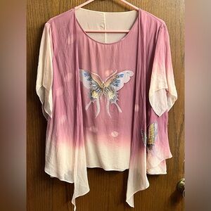 100% SILK Pink Butterfly Women's Top UC